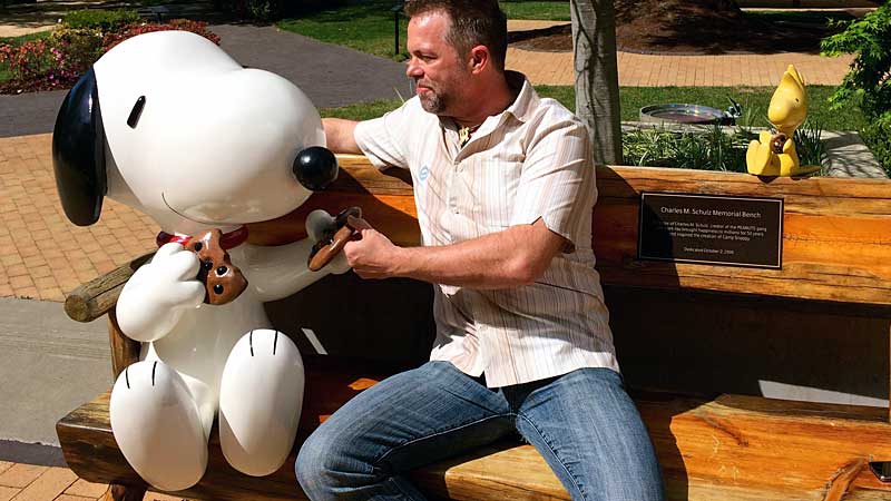J.D., making friends at the Charles Schulz Museum