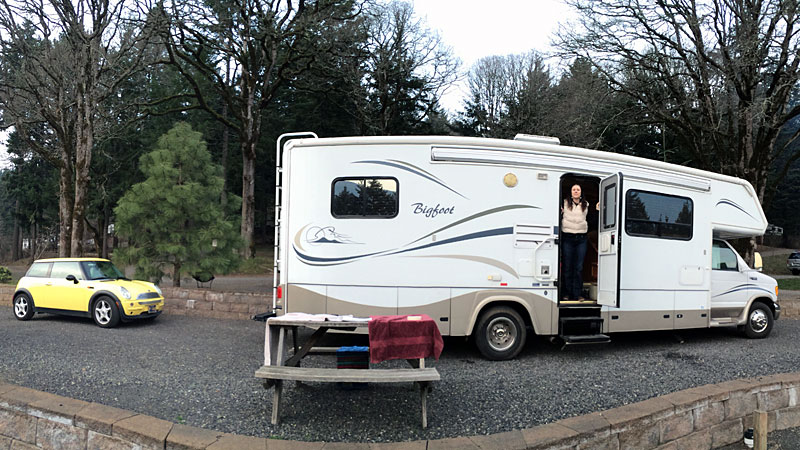 Our Mini Cooper and our Bigfoot RV