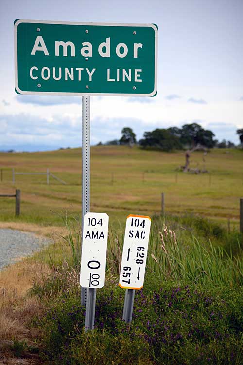 The Amador County line, where the oak trees and foothills begin